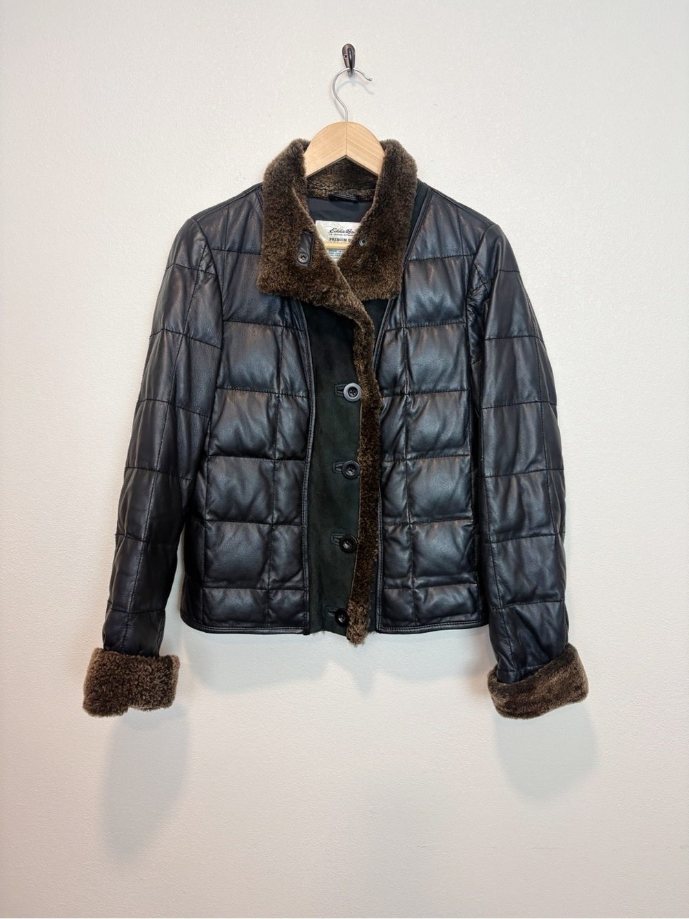 Vintage Eddie Bauer Goose Down Quilted Leather Jacket Lamb Shearling Trim Small